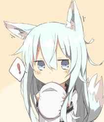 Rule 34 | !, 10s, 1girl, animal ears, blue eyes, dog ears, dog tail, hat, unworn hat, unworn headwear, hibiki (kancolle), kantai collection, kemonomimi mode, long hair, looking at viewer, nonono (mino), personification, silver hair, solo, spoken exclamation mark, tail, upper body, verniy (kancolle)