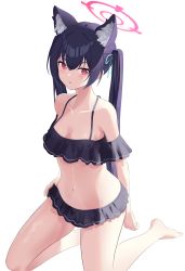 Rule 34 | 1girl, absurdres, animal ear fluff, animal ears, arm behind back, barefoot, bikini, black bikini, black bow, black hair, blue archive, blue ribbon, blush, bow, breasts, cat ears, collarbone, frilled bikini, frills, hair ribbon, halo, highres, kneeling, knees out of frame, long hair, looking at viewer, mm (pomeme4), navel, off-shoulder bikini, off shoulder, parted lips, red eyes, ribbon, serika (blue archive), simple background, small breasts, solo, stomach, swimsuit, thighs, twintails, very long hair, white background