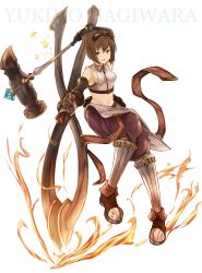 Rule 34 | 1girl, absurdres, arm up, black gloves, blush, bob cut, breasts, brown eyes, brown footwear, brown gloves, brown hair, character name, elbow gloves, fire, full body, gloves, goggles, goggles on head, granblue fantasy, hagiwara yukiho, hair between eyes, hammer, highres, holding, idolmaster, idolmaster (classic), outstretched arm, pants, parody, purple pants, shirt, shoes, short hair, single elbow glove, sleeveless, sleeveless shirt, small breasts, solo, sparks, star (symbol), tongs, white background, white shirt, yatsuka (846)