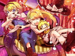 Rule 34 | 10s, 2girls, alice margatroid, blonde hair, bloomers, blue eyes, book, broom, character doll, color connection, couch, cream puff, cure peace, double v, female focus, food, hair flaps, hat, jakkun, kirisame marisa, multiple girls, pastry, precure, smile precure!, spoon, tea, touhou, underwear, v, witch, witch hat
