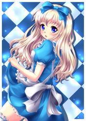 Rule 34 | 1girl, alice in wonderland, argyle, argyle background, argyle clothes, blonde hair, blue dress, blue eyes, clothes lift, dress, hair ribbon, highres, long hair, neats, open mouth, original, ribbon, skirt, skirt lift, solo, thighhighs, white thighhighs