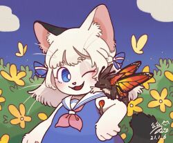 Rule 34 | 1girl, ;d, animal ears, artist name, blue dress, blue eyes, blue sky, bug, bush, butterfly, butterfly wings, cat ears, cat girl, cloud, creature on arm, dragon, dress, flower, furry, furry female, hua hua de meme, insect, insect wings, looking at another, medium hair, neckerchief, one eye closed, open mouth, original, red neckerchief, sailor collar, signature, sky, sleeveless, sleeveless dress, smile, solo, upper body, white fur, white hair, white sailor collar, wings, yellow flower