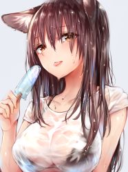 Rule 34 | 1girl, :p, animal ears, bikini, bikini top only, bikini under clothes, black bikini, blush, breasts, brown eyes, brown hair, collarbone, food, fox ears, hair between eyes, highres, large breasts, long hair, looking at viewer, original, popsicle, see-through, shirt, short sleeves, simple background, solo, sukemyon, swimsuit, tongue, tongue out, upper body, wet, wet clothes, wet hair, white shirt