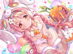 Rule 34 | 1girl, animal ears, animal hat, bare shoulders, black thighhighs, bow, bowtie, braid, breasts, carrot, detached collar, fake animal ears, fishnet thighhighs, fishnets, flower, from above, groin, hair flower, hair ornament, hairband, hat, high heels, highleg, highleg leotard, holding, holding carrot, knees together feet apart, leotard, long hair, looking at viewer, looking up, low twin braids, low twintails, mimi (princess connect!), open mouth, orange eyes, pink bow, pink bowtie, pink footwear, pink hair, playboy bunny, princess connect!, rabbit, rabbit ears, rabbit hat, sakuragi yuuki, shoes, sitting, small breasts, solo, strapless, strapless leotard, thigh gap, thighhighs, thighs, twin braids, twintails, very long hair, white leotard