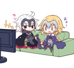 Rule 34 | 0 0, 2girls, ahoge, armor, beni shake, blonde hair, cape, chibi, couch, crossed arms, dual persona, fate/apocrypha, fate/grand order, fate (series), gauntlets, headpiece, jeanne d&#039;arc (fate), jeanne d&#039;arc (ruler) (fate), jeanne d&#039;arc alter (avenger) (fate), jeanne d&#039;arc alter (fate), jitome, multiple girls, sitting, television, thighhighs, white hair, zettai ryouiki