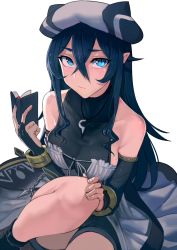 Rule 34 | 1girl, bare shoulders, beret, black gloves, black hair, blue eyes, book, bracelet, breasts, bridal gauntlets, dress, elbow gloves, gloves, hair between eyes, hat, jewelry, long hair, looking at viewer, mole, mole on breast, open book, original, pointy ears, shorts, sitting, solo, thick eyebrows, walzrj, white background, window