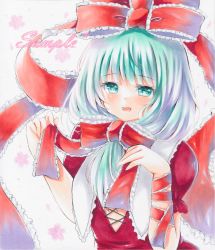 Rule 34 | 1girl, :d, aqua eyes, bloom, blush, bow, dress, frills, front ponytail, green eyes, hair bow, hair ribbon, hands up, highres, kagiyama hina, long hair, looking at viewer, marker (medium), open mouth, purplepencil, red dress, ribbon, simple background, smile, solo, touhou, traditional media, white background