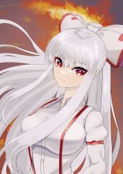 Rule 34 | 1girl, absurdres, blunt bangs, bow, breasts, closed mouth, collared shirt, fujiwara no mokou, hair bow, heaven4014, highres, large breasts, long hair, long sleeves, looking at viewer, red eyes, shirt, solo, suspenders, touhou, upper body, white bow, white hair, white shirt