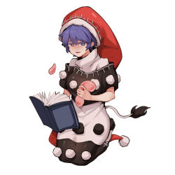 Rule 34 | 1girl, bad id, bad pixiv id, black dress, black sleeves, blue eyes, blue hair, book, breasts, doremy sweet, dress, hand up, hat, highres, looking at viewer, medium breasts, multicolored clothes, multicolored dress, open book, open mouth, pom pom (clothes), red hat, seiza, short hair, short sleeves, simple background, sitting, smile, solo, soya6479, tail, touhou, very short hair, white background, white dress
