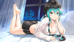 Rule 34 | 1girl, absurdres, bad id, bad pixiv id, barefoot, black hair, black shorts, blue eyes, blue hair, blue ribbon, breasts, cleavage, closed mouth, commentary request, curtains, dolphin shorts, full body, full moon, hair between eyes, hair ribbon, hand on own cheek, hand on own face, head rest, highres, indoors, large breasts, light particles, lillly, long hair, long sleeves, looking at viewer, lying, moon, multicolored hair, night, on bed, on stomach, original, pillow, ribbon, shirt, short shorts, shorts, sidelocks, smile, solo, the pose, two-tone hair, white ribbon, white shirt, window