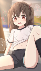 Rule 34 | 1girl, ?, black shorts, black socks, blue panties, blurry, blurry background, blush, brown eyes, brown hair, clothes lift, commentary request, depth of field, feet out of frame, female focus, gym shirt, gym shorts, gym uniform, hair between eyes, highres, indoors, knee up, kneehighs, long hair, looking at viewer, navel, open mouth, original, panties, shirt, shirt lift, short shorts, shorts, sitting, socks, solo, takasuma hiro, translated, two side up, underwear, wavy mouth
