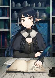 Rule 34 | 1girl, absurdres, black capelet, black dress, black hair, blue hair, book, bookshelf, brown eyes, capelet, closed mouth, commentary request, dress, earrings, eyebrows hidden by hair, fingernails, gradient hair, head tilt, highres, holding, hoop earrings, indoors, inkwell, jewelry, long hair, long sleeves, multicolored hair, original, pointy ears, quill, shibainu, smile, solo, table
