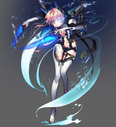 Rule 34 | 1girl, armor, blue eyes, blue flower, blue rose, floral print, flower, full body, glowing, glowing eyes, holding, holding sword, holding weapon, looking at viewer, mecha musume, multiple weapons, pika (kai9464), pink hair, queen (soccer spirits), rose, rose print, short hair, soccer spirits, stomach, sword, tattoo, thighhighs, weapon