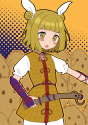 Rule 34 | 144udy, 1girl, absurdres, arm ribbon, armor, blonde hair, blunt bangs, blunt ends, blush stickers, border, bow, bow button, bracelet, commentary, cowboy shot, double bun, frilled sleeves, frills, frown, hair bun, hair ribbon, haniwa (statue), haniwa brooch, highres, holding baton, jewelry, joutouguu mayumi, looking at viewer, open mouth, outstretched arm, polka dot, polka dot background, puffy short sleeves, puffy sleeves, red bow, red ribbon, ribbon, shirt, short hair, short sleeves, shorts, solo, touhou, v-shaped eyebrows, white ribbon, white shirt, white shorts, wrist ribbon, yellow armor, yellow background, yellow border, yellow eyes