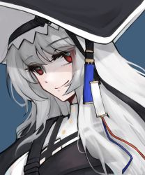 Rule 34 | 1girl, absurdres, arknights, black hat, blue background, closed mouth, grey hair, hat, highres, long hair, looking at viewer, red eyes, simple background, smile, solo, specter (arknights), specter the unchained (arknights), upper body, very long hair, yuki nko64