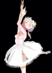 Rule 34 | 1girl, armpits, arms up, black background, blush, breasts, dress, flower wreath, foot out of frame, head wreath, highres, kaede (shijie heping), looking at viewer, navel, original, outstretched leg, pantyhose, ponytail, revealing clothes, simple background, small breasts, solo, standing, standing on one leg, white dress, white hair, wreath, yellow eyes