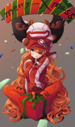 Rule 34 | 10s, 1girl, absurdres, alternate hair length, alternate hairstyle, animal ears, animal hat, antlers, badge, banner, blue eyes, blush, bodysuit, box, breasts, button badge, cabbie hat, cat hat, christmas, closed mouth, confetti, diagonal stripes, embarrassed, english text, evangelion: 3.0 you can (not) redo, eyepatch, fake animal ears, fake antlers, fingerless gloves, frown, gift, gift box, gloves, grey background, grin, hair over one eye, hat, hat ornament, highres, holding, holding gift, holly, horns, indian style, jacket, knees up, lips, long hair, mass production eva, merry christmas, neon genesis evangelion, no eyes, on head, orange hair, outstretched arm, pilot suit, plugsuit, rebuild of evangelion, red gloves, red hat, red jacket, reindeer antlers, ribbon, santa hat, simple background, single vertical stripe, sitting, skull print, smile, souryuu asuka langley, spread legs, star (symbol), striped, tape, teeth, track jacket, turtleneck, unknown (dgraymem), very long hair, wavy hair, wings, zipper