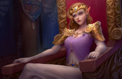 Rule 34 | 1girl, armor, blonde hair, blue eyes, circlet, earrings, elbow gloves, gloves, highres, jewelry, lips, neos, nintendo, pauldrons, pointy ears, princess zelda, shoulder armor, sitting, solo, the legend of zelda, the legend of zelda: twilight princess, throne