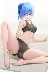 1girl absurdres alternate_breast_size arm_support bare_legs barefoot black_shorts black_sports_bra blue_eyes blue_hair blue_nails blue_ribbon cleavage_cutout clothing_cutout commentary_request double-parted_bangs full_body hair_between_eyes hair_ribbon highres hololive hoshimachi_suisei knee_up leaning_back looking_at_viewer medium_hair nail_polish navel open_mouth ribbon short_shorts shorts side_ponytail simple_background single_sidelock sitting solo somebody_(leiking00) sports_bra spread_legs stomach toenail_polish toenails virtual_youtuber white_background