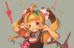 Rule 34 | &gt; o, 1girl, ahoge, bow, collared shirt, commentary, double w, english commentary, food, grey background, grin, hair bow, hair ornament, hands up, kiznaiver, long hair, mochi, mochii, multicolored hair, niiyama nico, one eye closed, orange hair, pink bow, pink eyes, scrunchie, shirt, simple background, smile, solo, streaked hair, twintails, upper body, vest, w, wagashi, white shirt, wing collar, wrist scrunchie