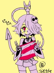 Rule 34 | 1girl, 2021, alternate costume, alternate hairstyle, belt, choker, cowboy shot, double v, facepaint, facing viewer, hair ornament, jewelry, looking at viewer, necklace, neko mata g, pleated skirt, red eyes, short hair, skeletal arm, skirt, skull hair ornament, skull necklace, skullgirls, solo, squigly (skullgirls), star (symbol), stitched mouth, stitches, tank top, thighhighs, v, yellow background, zombie