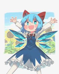 Rule 34 | 1girl, artist name, blue dress, blue eyes, blue hair, bow, cirno, collared shirt, dated, dress, flower, hair bow, highres, ice, ice wings, leaf, long sleeves, outline, plant, porforever, red bow, red neckwear, red ribbon, ribbon, shirt, shirt under dress, short hair, solo, sunflower, touhou, white outline, white shirt, wings