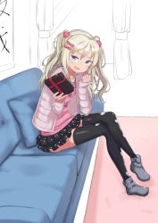 Rule 34 | 1girl, alternate costume, black skirt, black thighhighs, blonde hair, boots, commentary request, couch, full body, gift, grecale (kancolle), green eyes, grey footwear, hair bobbles, hair ornament, hairclip, highres, indoors, jacket, kantai collection, long hair, looking at viewer, pink shirt, polka dot, polka dot skirt, shirt, sitting, skirt, solo, thighhighs, two side up, umi (umi no kusomusi), wavy hair, white jacket, window