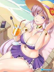 Rule 34 | 1girl, alternate costume, artist name, bikini, bikini skirt, bracelet, breasts, cellphone, chair, choker, commission, commissioner upload, contemporary, cup, drinking straw, etchimune, fire emblem, fire emblem: genealogy of the holy war, fire emblem heroes, flower, hat, holding, holding cup, ishtar (fire emblem), jewelry, long hair, looking at viewer, nintendo, open mouth, phone, purple bikini, purple eyes, purple hair, red flower, scenery, smile, solo, swimsuit, thighs, water