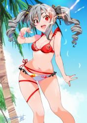 Rule 34 | 10s, 1girl, :d, arm up, bikini, blue sky, bow, breasts, cleavage, day, drill hair, fingernails, glowing, glowing eye, hair between eyes, hair bow, highres, idolmaster, idolmaster cinderella girls, inoue sora, kanzaki ranko, leg ribbon, long hair, medium breasts, nail polish, navel, open mouth, outstretched hand, red eyes, ribbon, sidelocks, silver hair, skindentation, sky, smile, solo, swimsuit, thigh ribbon, thighs, twin drills, twitter username