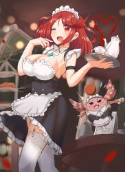 Rule 34 | 1girl, absurdres, alternate costume, apron, breasts, chest jewel, cleavage, garter straps, highres, ii tea, large breasts, maid, maid apron, maid headdress, nopon, pyra (xenoblade), red eyes, red hair, short hair, sugar cube, swept bangs, thighhighs, xenoblade chronicles (series), xenoblade chronicles 2