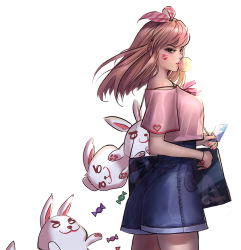 Rule 34 | 1girl, alternate costume, artist name, bag, bare shoulders, bow, bracelet, breasts, brown eyes, brown hair, blowing bubbles, candy, casual, chewing gum, clothing cutout, collarbone, credit card, d.va (overwatch), denim, denim shorts, facepaint, facial mark, food, from side, hair bow, heart cutout, holding, jewelry, junsu ha, long hair, looking away, medium breasts, overwatch, overwatch 1, pink shirt, rabbit, see-through, shirt, shopping bag, short sleeves, shorts, signature, solo, stuffed animal, stuffed rabbit, stuffed toy, swept bangs, whisker markings