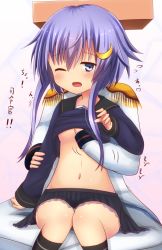 Rule 34 | 10s, 1boy, 1girl, ;o, admiral (kancolle), assisted exposure, black skirt, blush, breasts, crescent, crescent hair ornament, epaulettes, hair ornament, hionhk, kantai collection, military, military uniform, miniskirt, naval uniform, navel, one eye closed, purple hair, short hair with long locks, sidelocks, simple background, sitting, skirt, small breasts, tears, translation request, uniform, white background, wince, yayoi (kancolle)