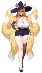 Rule 34 | absurdres, animal ears, asymmetrical legwear, blonde hair, blue eyes, breasts, bridal gauntlets, cleavage, clothing cutout, fox ears, fox girl, fox tail, gloves, hand on own hip, hat, highres, large breasts, looking at viewer, multiple tails, navel, original, single thighhigh, suruga (xsurugax), tail, thick thighs, thighhighs, thighs, witch hat