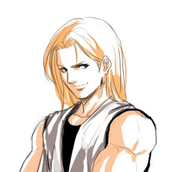 Rule 34 | 1boy, andy bogard, blonde hair, blue eyes, evilgun, fatal fury, long hair, lowres, male focus, muscular, sleeveless, smile, solo, the king of fighters, the king of fighters xiv, upper body