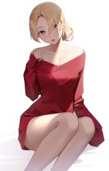 Rule 34 | 1girl, bare shoulders, bed sheet, blonde hair, blue eyes, breasts, cleavage, dress, hair over one eye, highres, kuen (kuennn12), long sleeves, looking at viewer, no pants, off shoulder, open mouth, original, police, ponytail, red sweater, shadow, simple background, sitting, sleeves past wrists, solo, sweater, sweater dress, white background