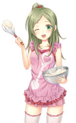 Rule 34 | 10s, 1girl, ;d, apron, bare arms, bowl, collarbone, dough, green eyes, green hair, hair bobbles, hair ornament, highres, long hair, looking at viewer, matching hair/eyes, minamino kanade, mixing bowl, n.g., naked apron, one eye closed, open mouth, ponytail, precure, simple background, smile, smile precure!, solo, suite precure, thighhighs, whisk, white background, white thighhighs, wink