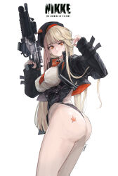 Rule 34 | 1girl, absurdres, artist name, ass, ass tattoo, assault rifle, beret, black hat, black jacket, black leotard, breasts, collared shirt, copyright name, cropped jacket, curvy, from behind, goddess of victory: nikke, gun, hat, highleg, highleg leotard, highres, holding, holding gun, holding weapon, huge ass, jacket, large breasts, leotard, light brown hair, long hair, looking at viewer, multicolored clothes, multicolored jacket, necktie, orange eyes, orange jacket, orange necktie, rapi (nikke), rifle, shirt, simple background, solo, star tattoo, tattoo, thong leotard, torry (pixiv 42475312), two-tone jacket, weapon, white background, white shirt, wide hips