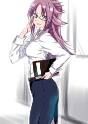 Rule 34 | 1girl, adjusting eyewear, alternate costume, belt, bespectacled, contemporary, dress shirt, flipped hair, glasses, indoors, jun&#039;you (kancolle), kantai collection, kote (dew), long hair, looking at viewer, notebook, open mouth, purple eyes, purple hair, school, shirt, skirt, smile, solo, teacher, white shirt