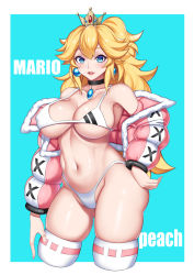 Rule 34 | 1girl, absurdres, bare shoulders, bikini, black choker, blonde hair, blue background, border, breasts, choker, cleavage, coat, collarbone, contrapposto, crown, earrings, hand on own hip, highleg, highleg bikini, highres, jewelry, large breasts, long hair, long sleeves, mario (series), navel, nintendo, outside border, parted lips, pendant, pink coat, pink lips, ponytail, princess peach, puffy long sleeves, puffy sleeves, race queen, ribbon-trimmed legwear, ribbon trim, sidelocks, simple background, skindentation, solo, sphere earrings, stomach, swimsuit, thighhighs, underboob, white bikini, white border, white thighhighs, winter peach, xiao gen