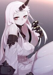 Rule 34 | 1girl, abyssal ship, albino, bags under eyes, bare shoulders, black horns, breasts, claws, colored skin, commentary request, covered erect nipples, detached sleeves, dress, glowing, glowing eyes, highres, horns, kantai collection, large breasts, long hair, looking at viewer, pale skin, parted lips, red eyes, revision, ribbed dress, ribbed sweater, seaport princess, short dress, sideboob, simple background, single horn, sitting, solo, striped horns, sweater, sweater dress, thighs, very long hair, white dress, white hair, white skin, yeti (mu kaiten)