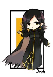 Rule 34 | 0o0onnk, 1girl, binah (project moon), black cape, black dress, black eyes, black hair, cape, chibi, colored inner hair, dress, earrings, full body, gold trim, hand up, hexagon print, highres, jewelry, lobotomy corporation, long sleeves, multicolored hair, parted lips, project moon, short hair, smile, solo