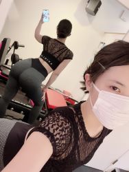 Rule 34 | 1girl, asian, ass, ass focus, black hair, breasts, curvy, female focus, full body, gym, gym uniform, highres, holding, holding phone, huge ass, japanese (nationality), long hair, looking back, mask, mirror image, phone, photo (medium), ponytail, ririkana, selfie, simple background, skin tight, solo, squatting, thigh gap, wide hips