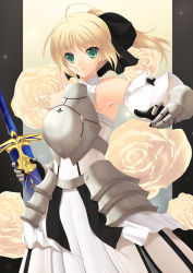 Rule 34 | 00s, 1girl, ahoge, armor, armored dress, artoria pendragon (fate), bare shoulders, blonde hair, capcom, dress, fate/stay night, fate/unlimited codes, fate (series), faulds, flower, gauntlets, gloves, green eyes, nakano sora, ponytail, rose, saber (fate), saber lily, solo, sword, weapon