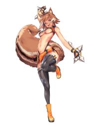 Rule 34 | 1girl, abs, animal ear fluff, animal ears, antenna hair, arm up, artist request, black panties, black thighhighs, blazblue, blush, boots, breasts, brown eyes, brown hair, crossover, destiny child, dual wielding, fingerless gloves, full body, gloves, guest character, guest fighter, highleg, highleg panties, holding, holding weapon, large breasts, leg up, looking at viewer, makoto nanaya, multi-strapped panties, multicolored hair, navel, official art, orange footwear, orange skirt, panties, pencil skirt, revealing clothes, shiny clothes, shiny skin, short hair, sidelocks, skindentation, skirt, solo, squirrel ears, squirrel tail, tachi-e, tail, thighhighs, tonfa, transparent background, two-tone hair, underboob, underwear, weapon