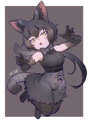 Rule 34 | 1girl, absurdres, animal ear fluff, animal ears, arm up, bare shoulders, black footwear, black hair, black serval (kemono friends), black shirt, border, bow, bowtie, breast pocket, breasts, cat ears, cat girl, cat tail, chibi, claw pose, elbow gloves, full body, gloves, hair between eyes, hand up, hands up, high-waist skirt, highres, jumping, kemono friends, kemono friends 3, light blush, looking at viewer, masuyama ryou, medium breasts, multicolored hair, open mouth, outside border, pocket, print bow, print bowtie, print gloves, print scarf, print skirt, print thighhighs, scarf, serval print, shirt, shirt tucked in, shoes, short hair, skirt, sleeveless, sleeveless shirt, solo, tail, taut clothes, taut shirt, thighhighs, tsurime, white border, yellow eyes