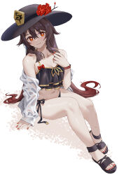 Rule 34 | 1girl, bare arms, bikini, black bikini, black footwear, black hat, bracelet, breasts, brown hair, cleavage, closed mouth, commentary request, flower, flower-shaped pupils, genshin impact, hand on own chest, hand up, hat, hat flower, highres, hu tao (genshin impact), jacket, jewelry, legs, linreplica, looking at viewer, midriff, nail polish, navel, open clothes, open jacket, red eyes, red nails, sandals, simple background, small breasts, smile, solo, string bikini, sun hat, swimsuit, symbol-shaped pupils, toenail polish, toenails, white background, white jacket