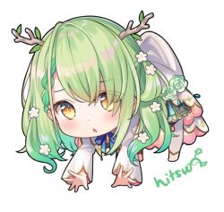 Rule 34 | 1girl, antlers, artist name, barefoot, blue dress, blush, braid, branch, brown eyes, ceres fauna, chibi, commentary, dress, english commentary, eyes visible through hair, flower, full body, green flower, green hair, green rose, hair flower, hair ornament, hair over one eye, hitsukuya, hololive, hololive english, horns, jacket, long sleeves, looking at viewer, multicolored hair, open clothes, open jacket, parted lips, rose, signature, simple background, solo, streaked hair, virtual youtuber, white background, white flower, white jacket