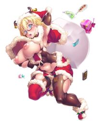 Rule 34 | 1girl, blonde hair, blue eyes, blush, breast press, breasts, candy, chocolate, christmas, curvy, female focus, food, glasses, hat, highres, huge breasts, lilith-soft, moaning, nipples, no bra, open mouth, potion (moudamepo), puffy nipples, santa hat, shinohara mari, shiny skin, short hair, simple background, solo, taimanin (series), taimanin asagi, taimanin rpgx, white background