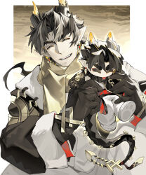 Rule 34 | 2boys, absurdres, arknights, black gloves, black hair, brown background, chibi, chong yue (arknights), closed eyes, coat, dragon boy, dragon horns, dragon tail, dual persona, earrings, facing viewer, fangs, floating hair, fur-trimmed coat, fur trim, gloves, gradient background, grey hair, hands up, highres, horns, jewelry, long hair, long sleeves, low ponytail, male focus, multicolored hair, multiple boys, open mouth, pointy ears, ribbon, scarf, sleeveless, streaked hair, tail, tail ornament, tail ribbon, thick eyebrows, tongue, tongue out, upper body, wide sleeves, yaoyaore, yellow scarf