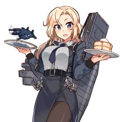 Rule 34 | 1girl, aircraft, belt, black belt, black pantyhose, black skirt, blonde hair, blue necktie, blush, bomber jacket, breasts, circular wing, commentary, english commentary, food, holding, holding plate, hornet (kancolle), jacket, kantai collection, kusanagi tonbo, large breasts, long hair, long sleeves, necktie, neckwear between breasts, open mouth, pancake, pantyhose, pencil skirt, plate, simple background, skirt, solo, sweat, syrup, vought xf5u, wavy mouth, weapon case, white background, xf5u